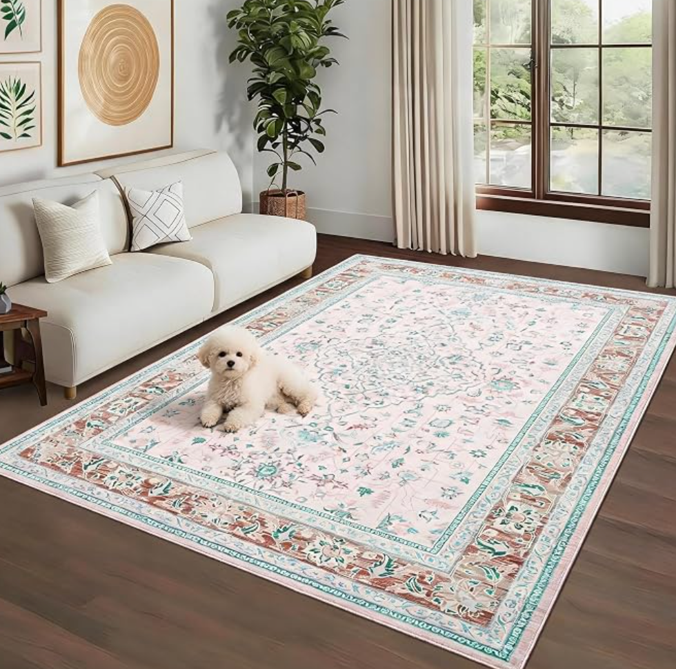 9x12 Living Room Washable Rug Vintage Floral Rugs, Pink