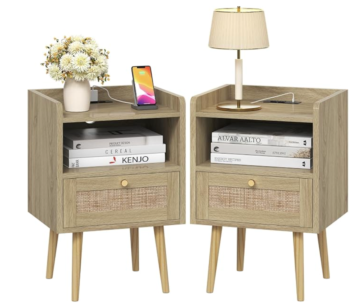 Night Stand Set 2, Nightstands Set of 2 with Charging Station, Rattan Side Tables with Solid Wood Legs