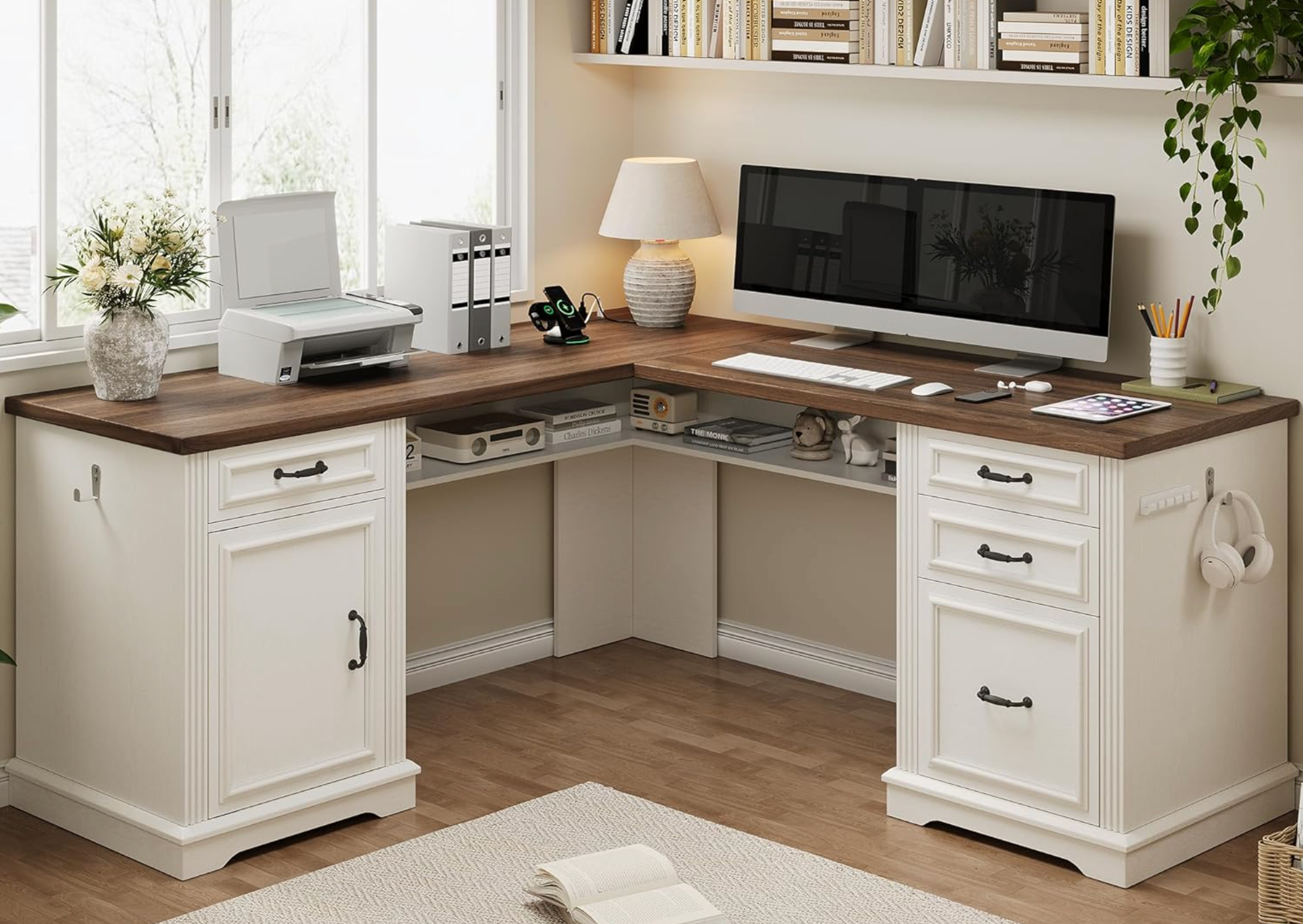 Farmhouse L Shaped Executive Desk with 4 Drawers