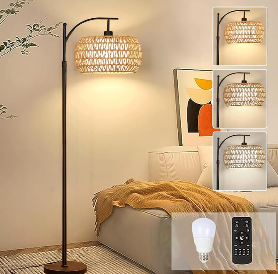 Arc Floor Lamps for Living Room Rattan Boho Floor Lamp with Remote Control