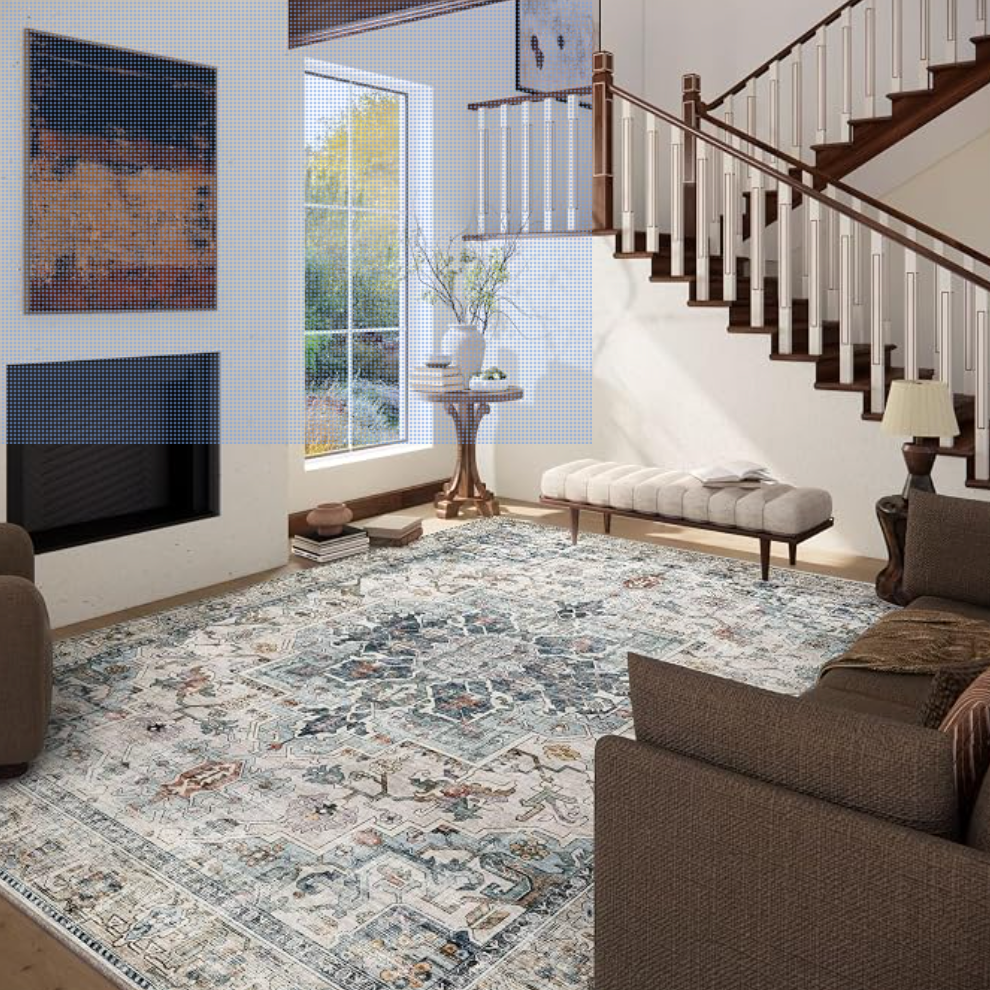 8x10 Area Rugs for Living Room, Washable Vintage Retro Floral Rug, Low Pile Non Slip Distressed Large Carpet for Bedroom, Dining Room, Office, Home (Grey)