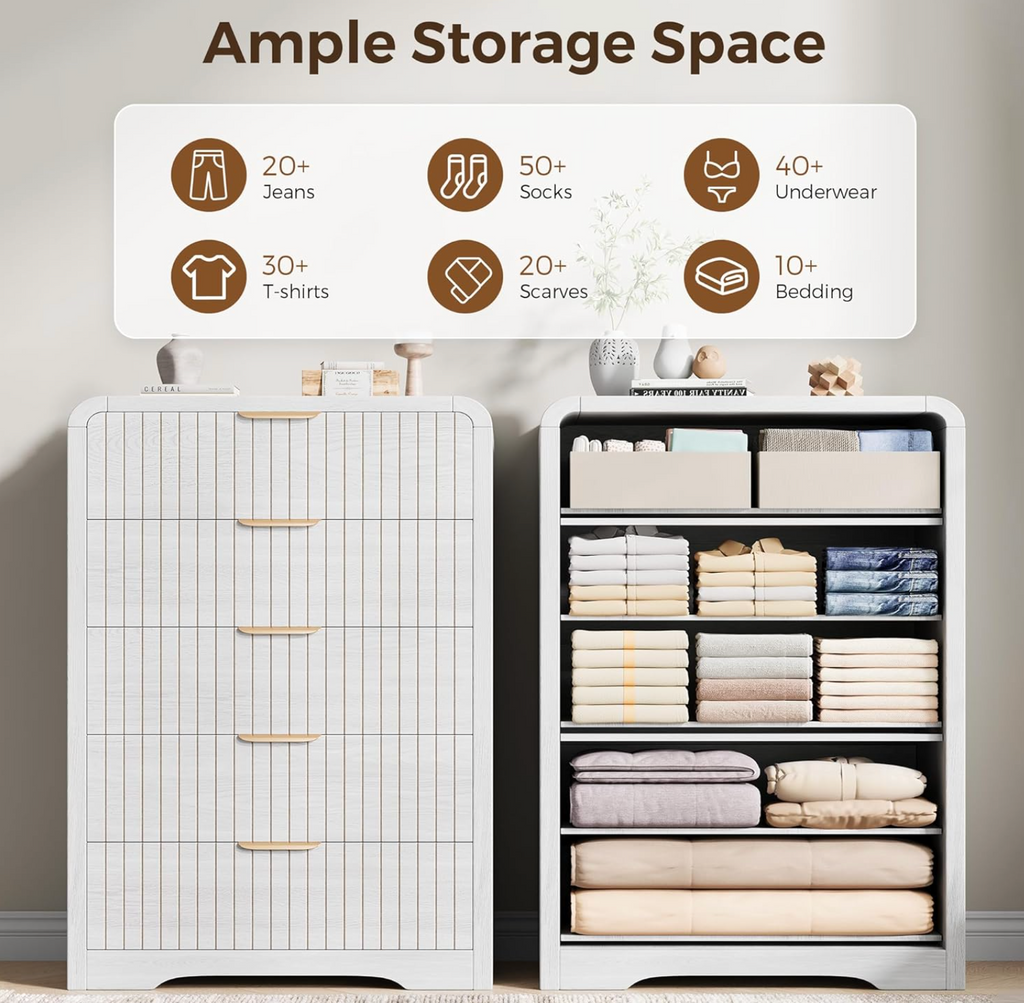 5 Drawer Dresser for Bedroom, Tall Chest of Drawers, Fluted Wood Dresser with Curved Profile Design