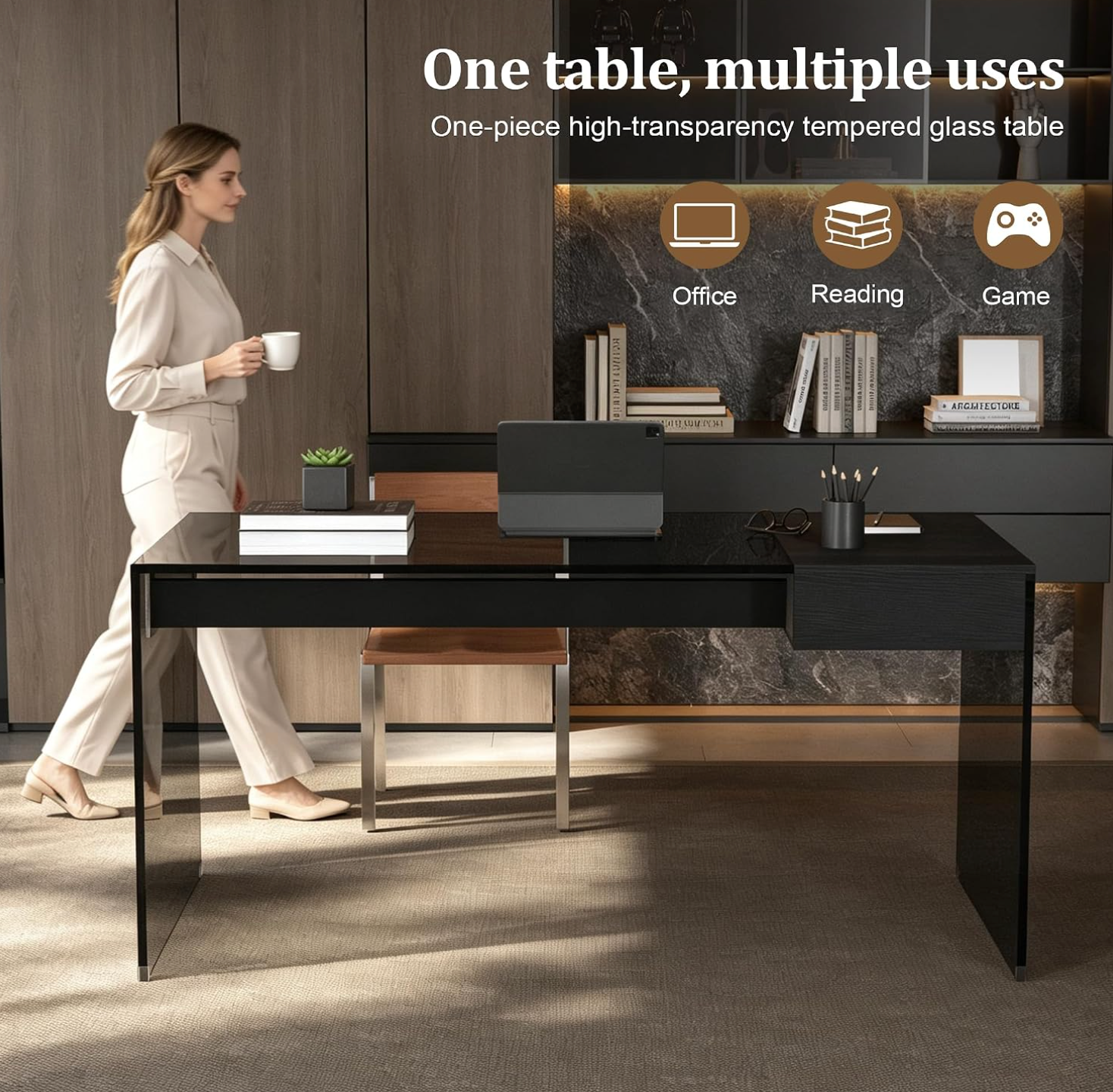 53.14" Modern Glass Office Desk with Drawer for Home Office